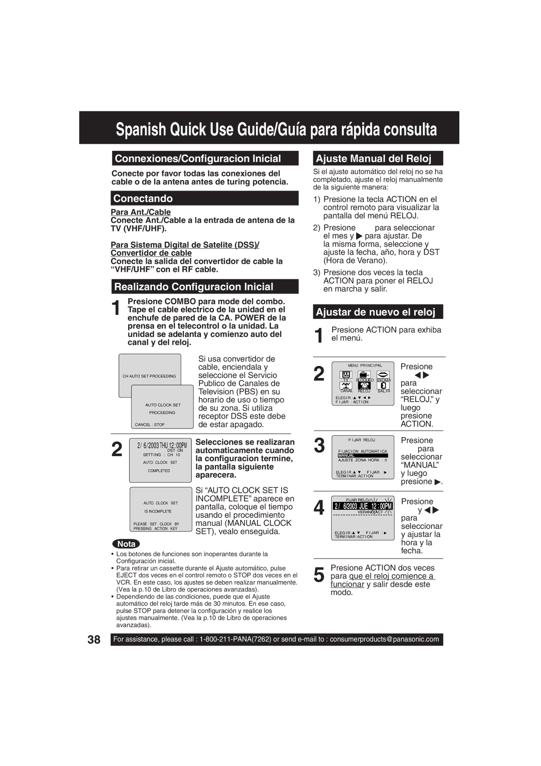 Panasonic PV C2063 Connexiones/Conﬁguracion Inicial, Conectando, Realizando Conﬁguracion Inicial, Ajuste Manual del Reloj 