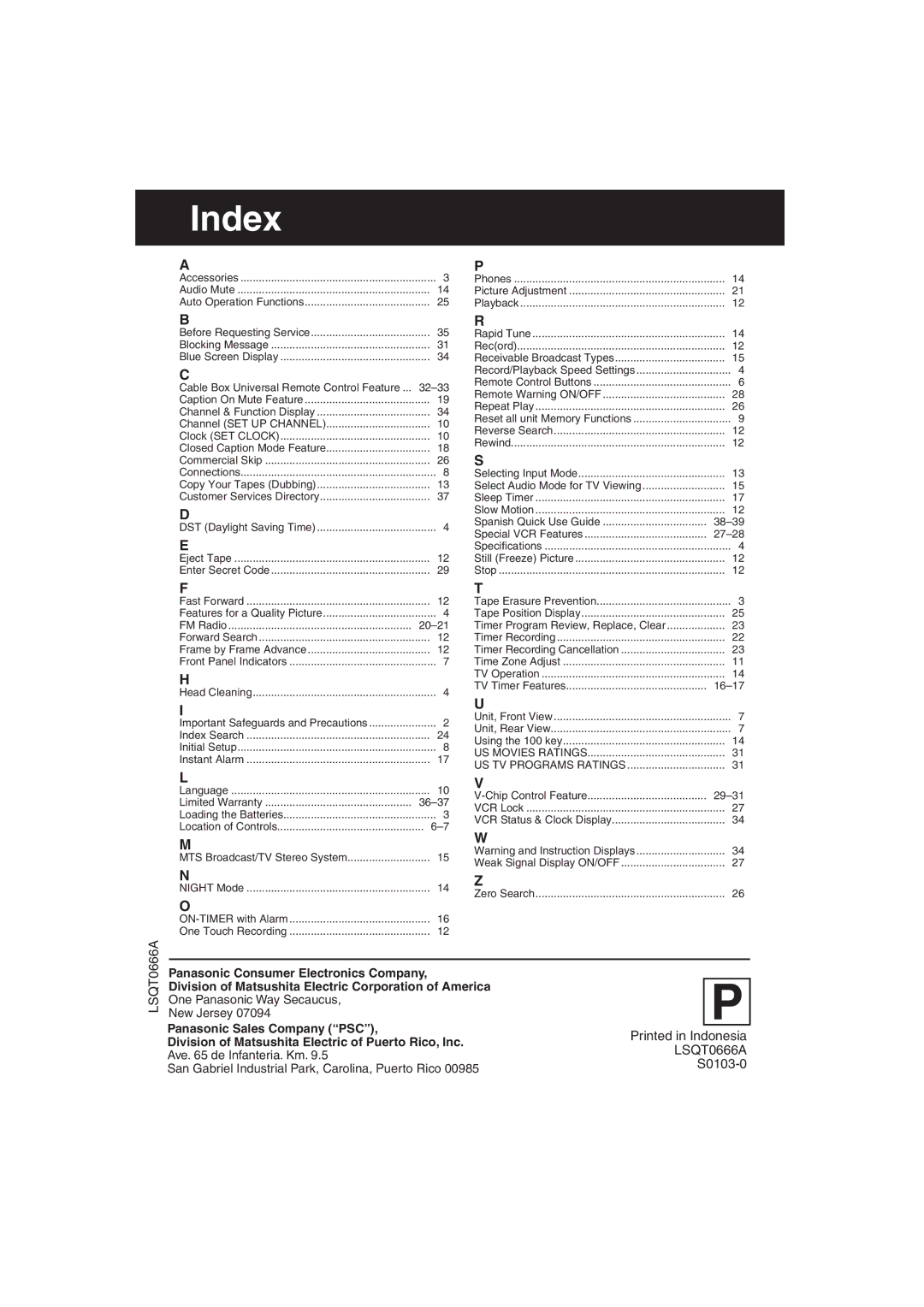 Panasonic PV C2063 operating instructions Index, LSQT0666A, One Panasonic Way Secaucus New Jersey 