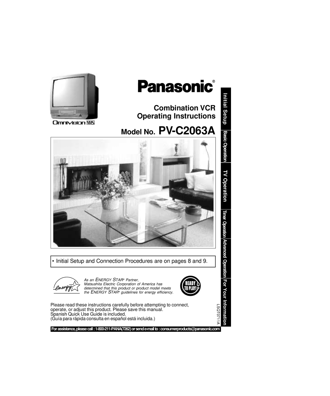 Panasonic PV-C2063A operating instructions Combination VCR Operating Instructions Model No, LSQT0 