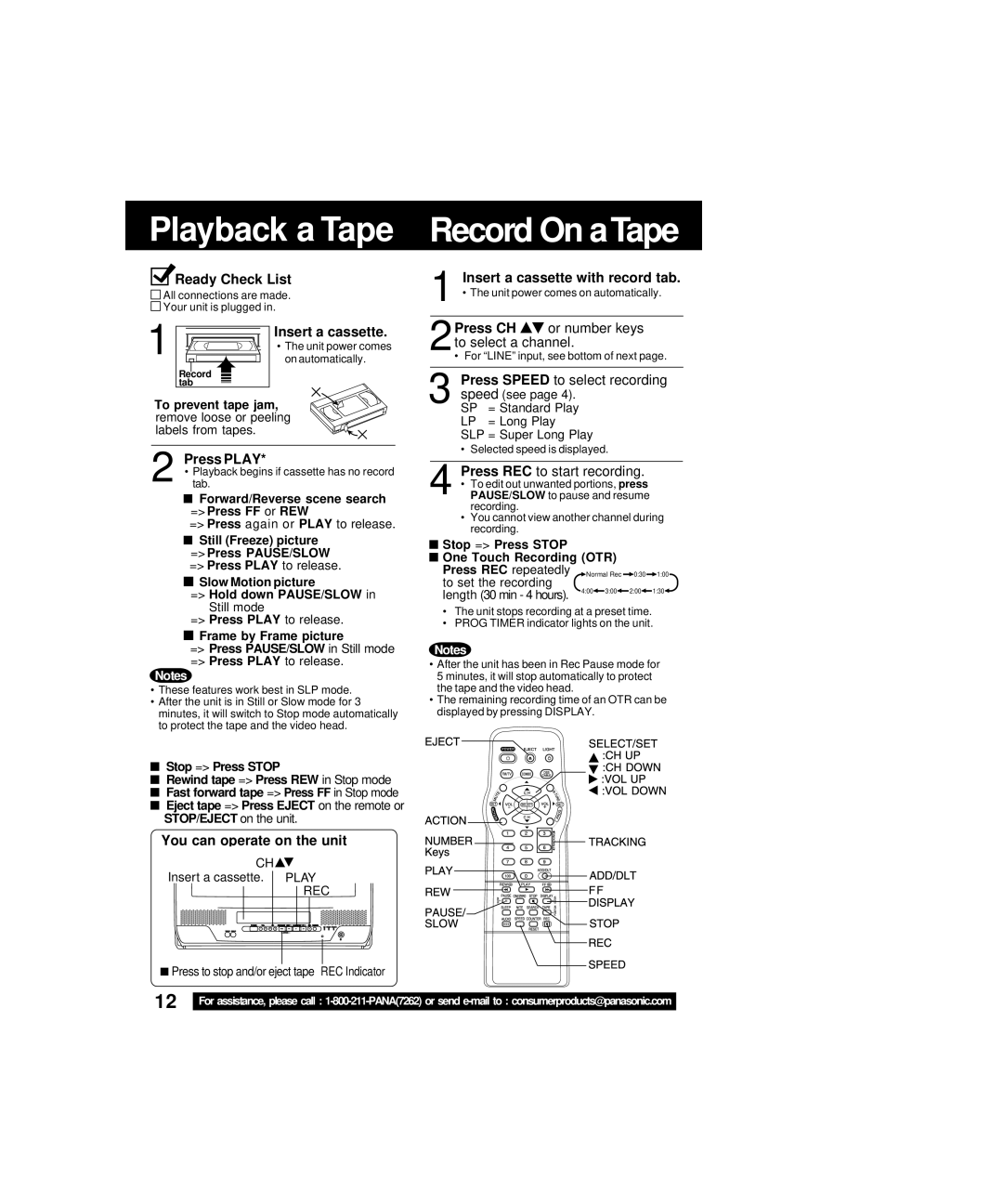 Panasonic PV-C2063A operating instructions Playback a Tape 