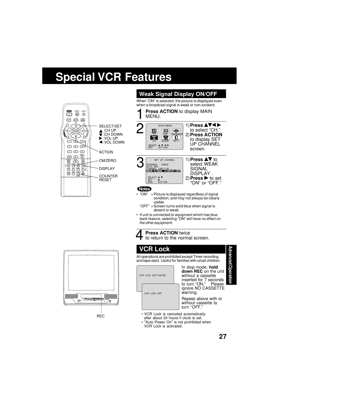 Panasonic PV-C2063A Special VCR Features, Weak Signal Display ON/OFF, To display Main, On or OFF, Down REC 