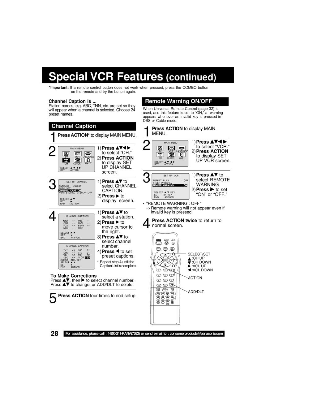 Panasonic PV-C2063A operating instructions Channel Caption, Remote Warning ON/OFF, 1MENU 