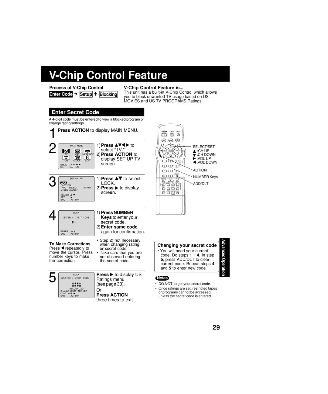 Panasonic PV-C2063A operating instructions Chip Control Feature, Enter Secret Code 