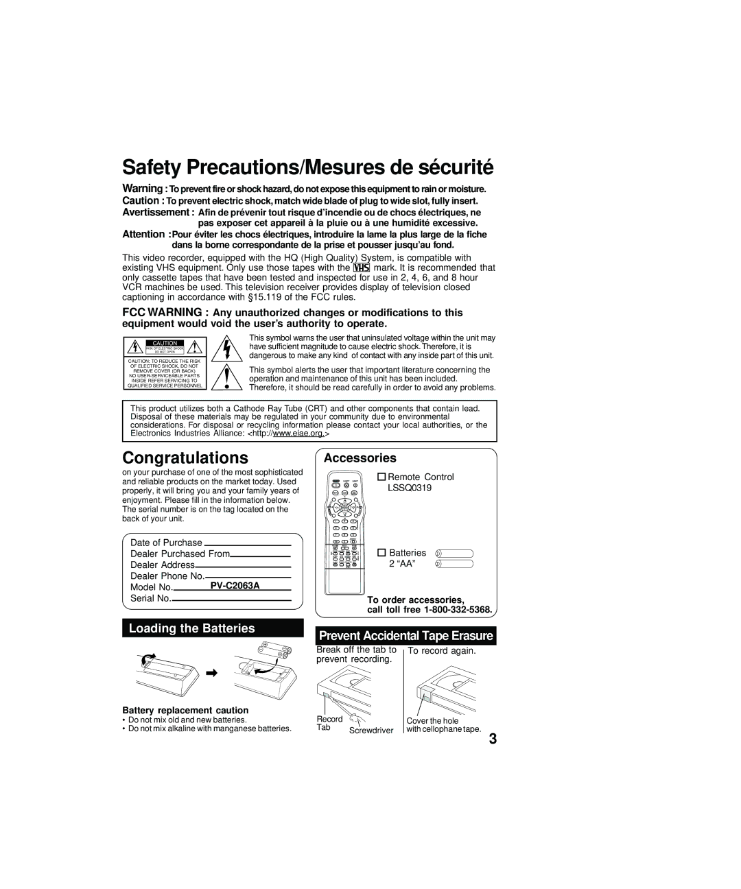 Panasonic PV-C2063A operating instructions Loading the Batteries, Accessories 