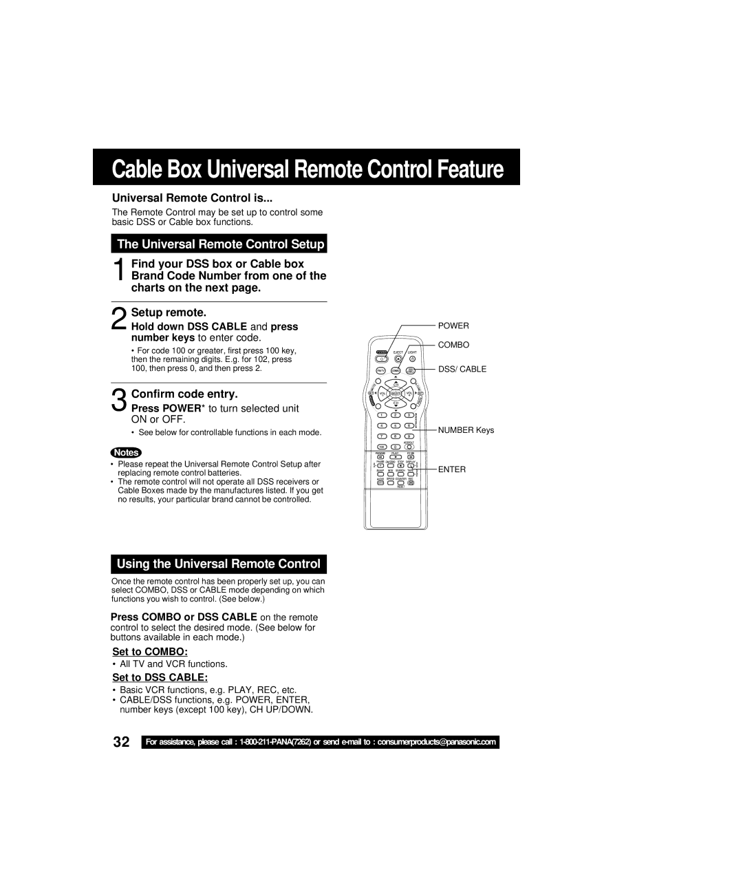 Panasonic PV-C2063A Universal Remote Control Setup, Using the Universal Remote Control, Universal Remote Control is 