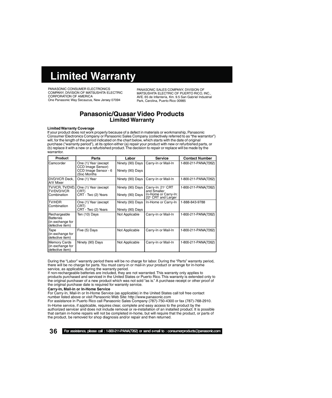 Panasonic PV-C2063A operating instructions Limited Warranty Coverage, Parts Labor Service Contact Number 