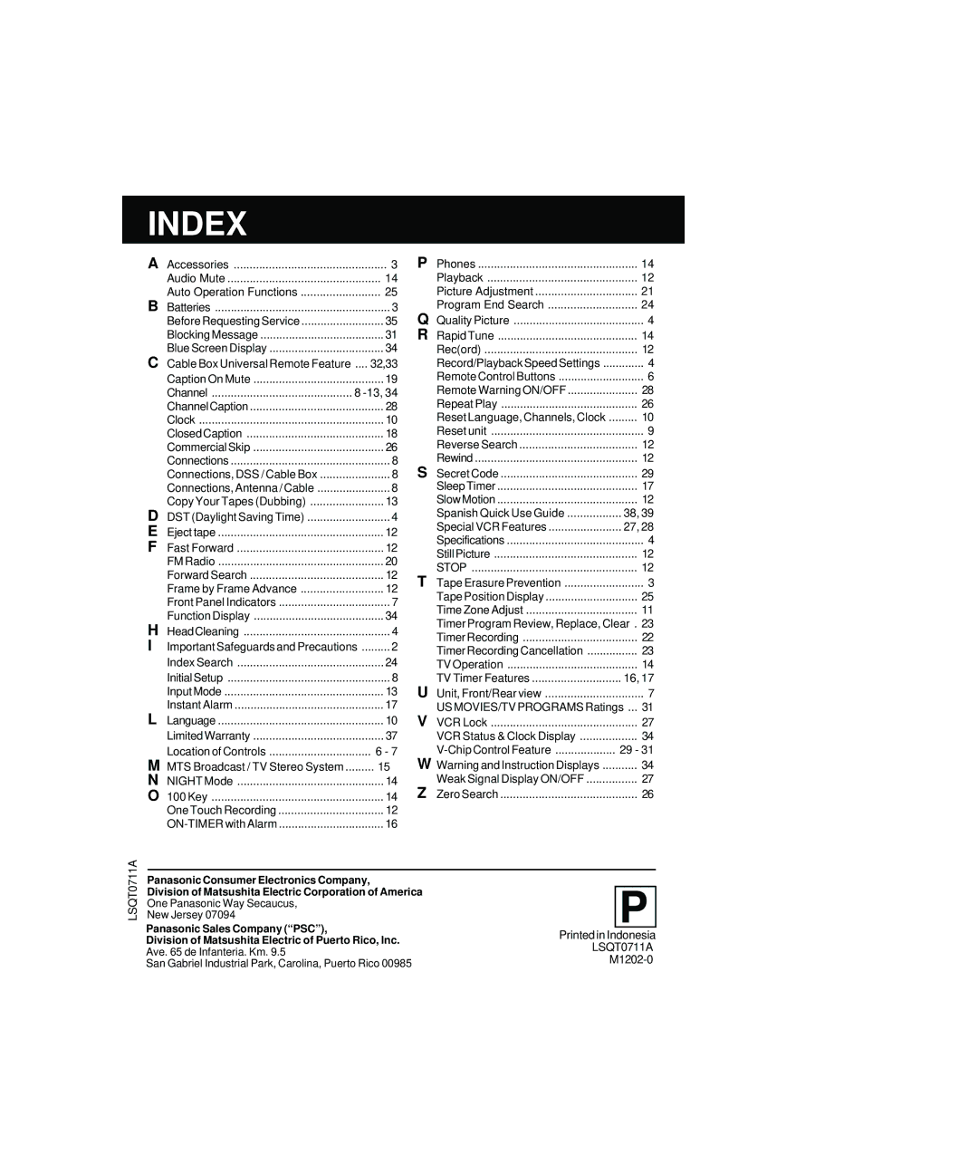 Panasonic PV-C2063A operating instructions LSQT0711A, Panasonic Sales Company PSC 