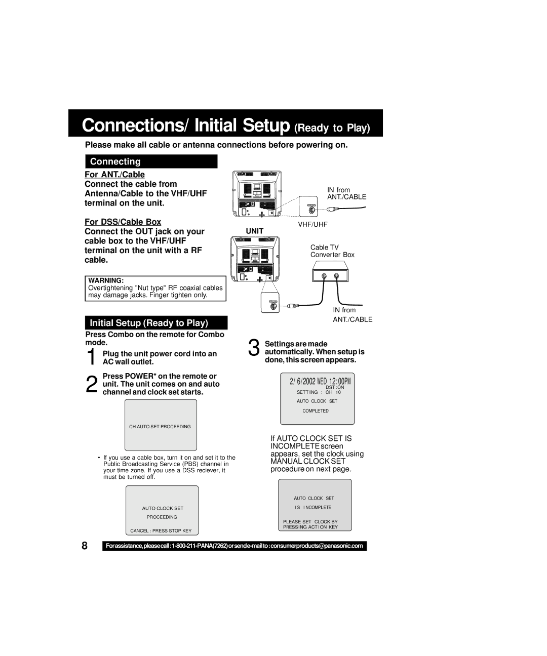 Panasonic PV-C2063A operating instructions Connecting, Initial Setup Ready to Play, For ANT ./Cab le, Le Bo, Unit 