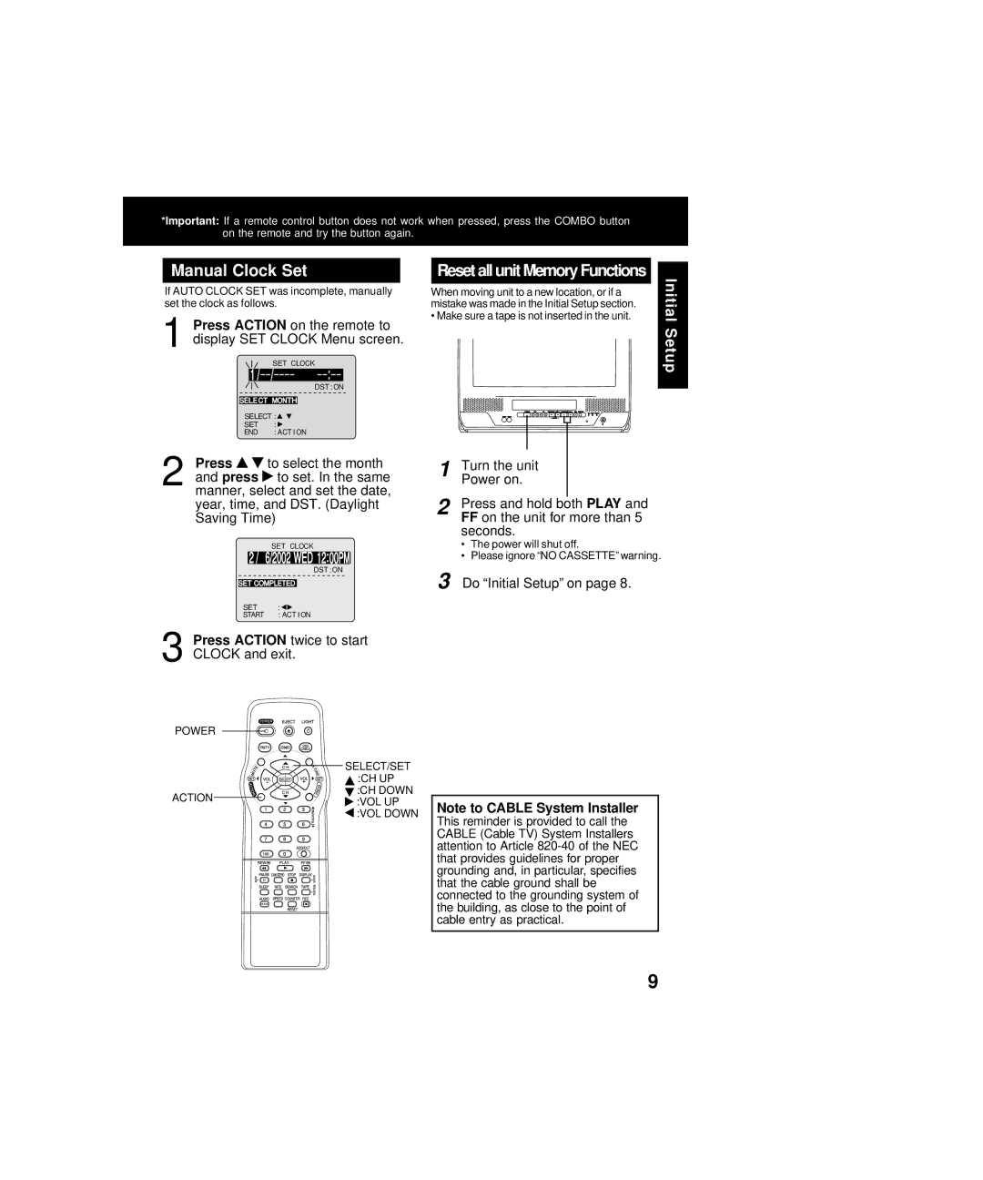 Panasonic PV-C2063A operating instructions Manual Clock Set, Play 