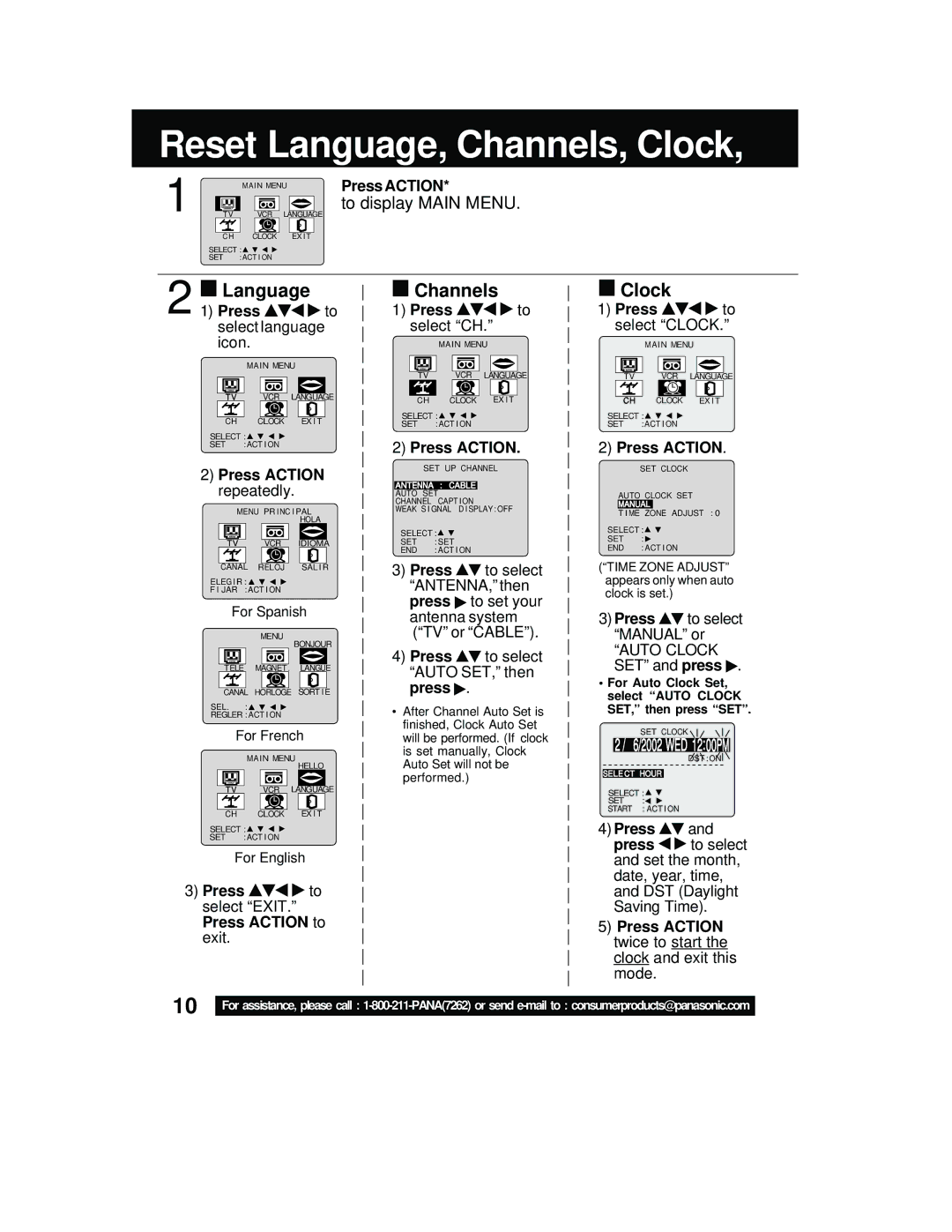 Panasonic PV C2542, PV C2062 operating instructions Reset Language, Channels, Clock 