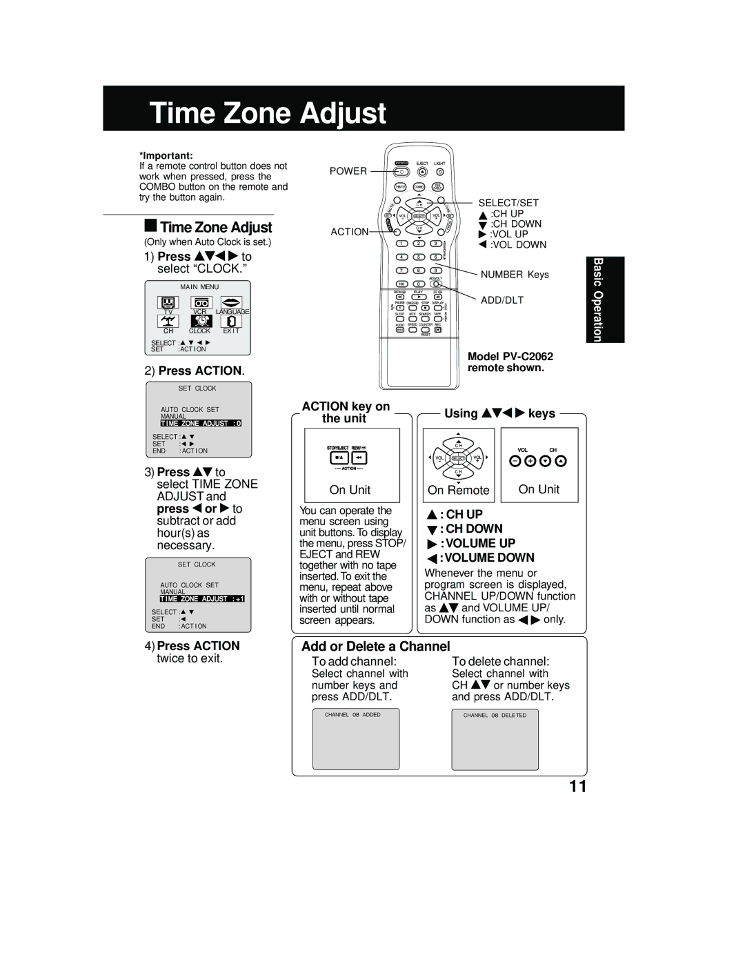 Panasonic PV C2062, PV C2542 operating instructions Time Zone Adjust 