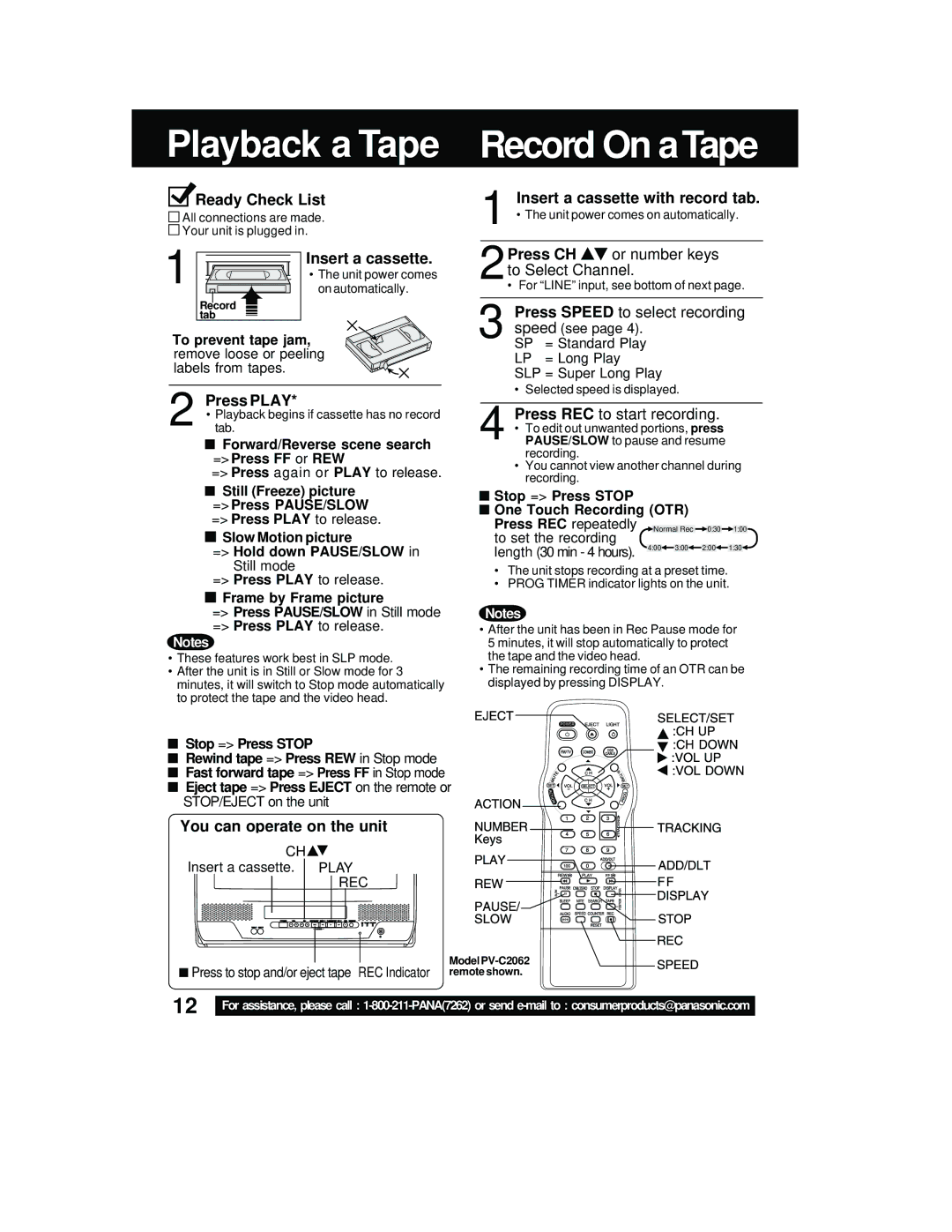 Panasonic PV C2542 Playback a Tape Record On aTape, Ready Check List Insert a cassette with record tab, Press Play 