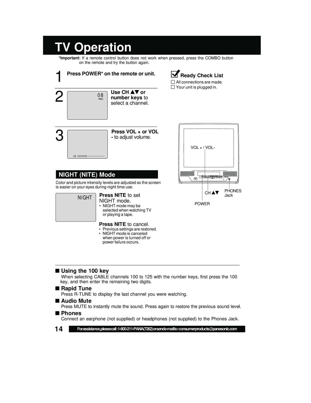 Panasonic PV C2542, PV C2062 operating instructions TV Operation, Night Nite Mode 