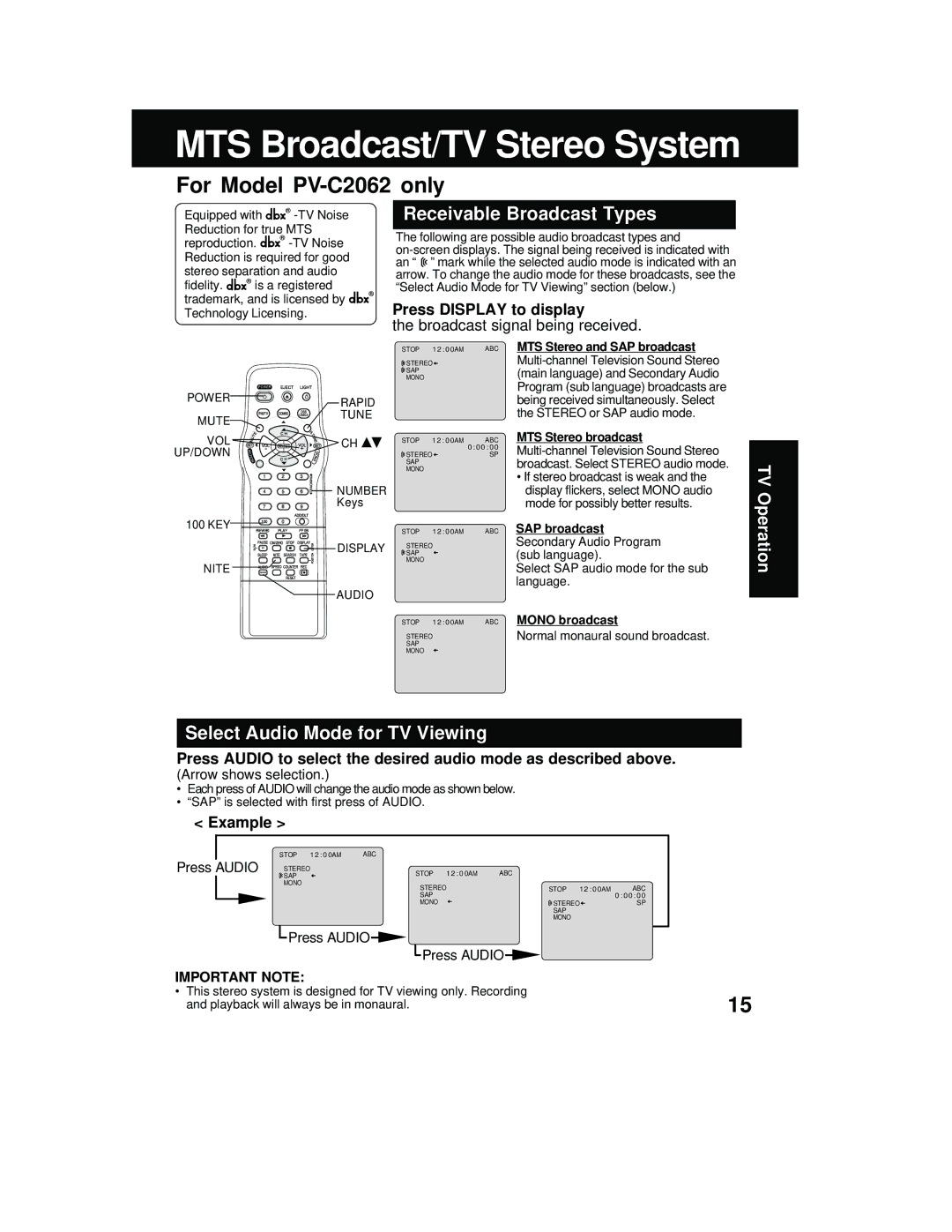 Panasonic PV C2062 MTS Broadcast/TV Stereo System, Receivable Broadcast Types, Select Audio Mode for TV Viewing, Example 