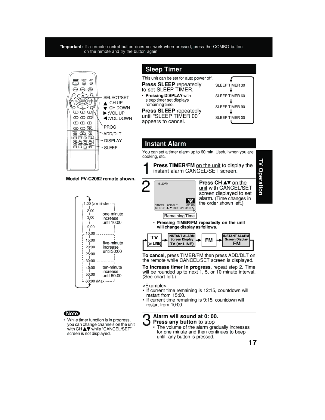 Panasonic PV C2062, PV C2542 operating instructions Sleep Timer, Instant Alarm 