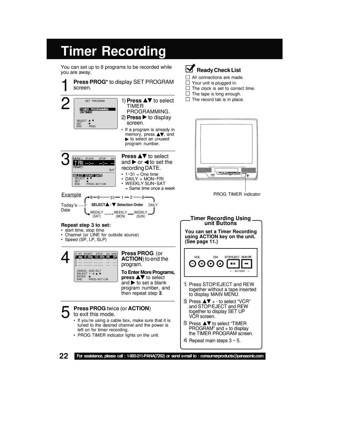 Panasonic PV C2542, PV C2062 operating instructions Timer Recording Using Unit Buttons, Press Prog or Action to end 