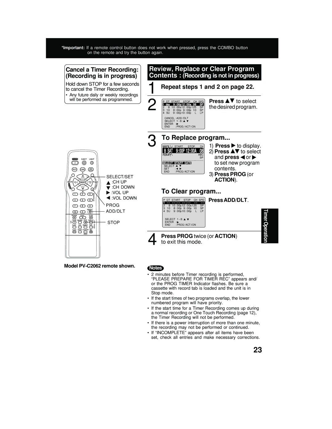 Panasonic PV C2062, PV C2542 operating instructions To Replace program, To Clear program, Repeat steps 1 and 2 on 