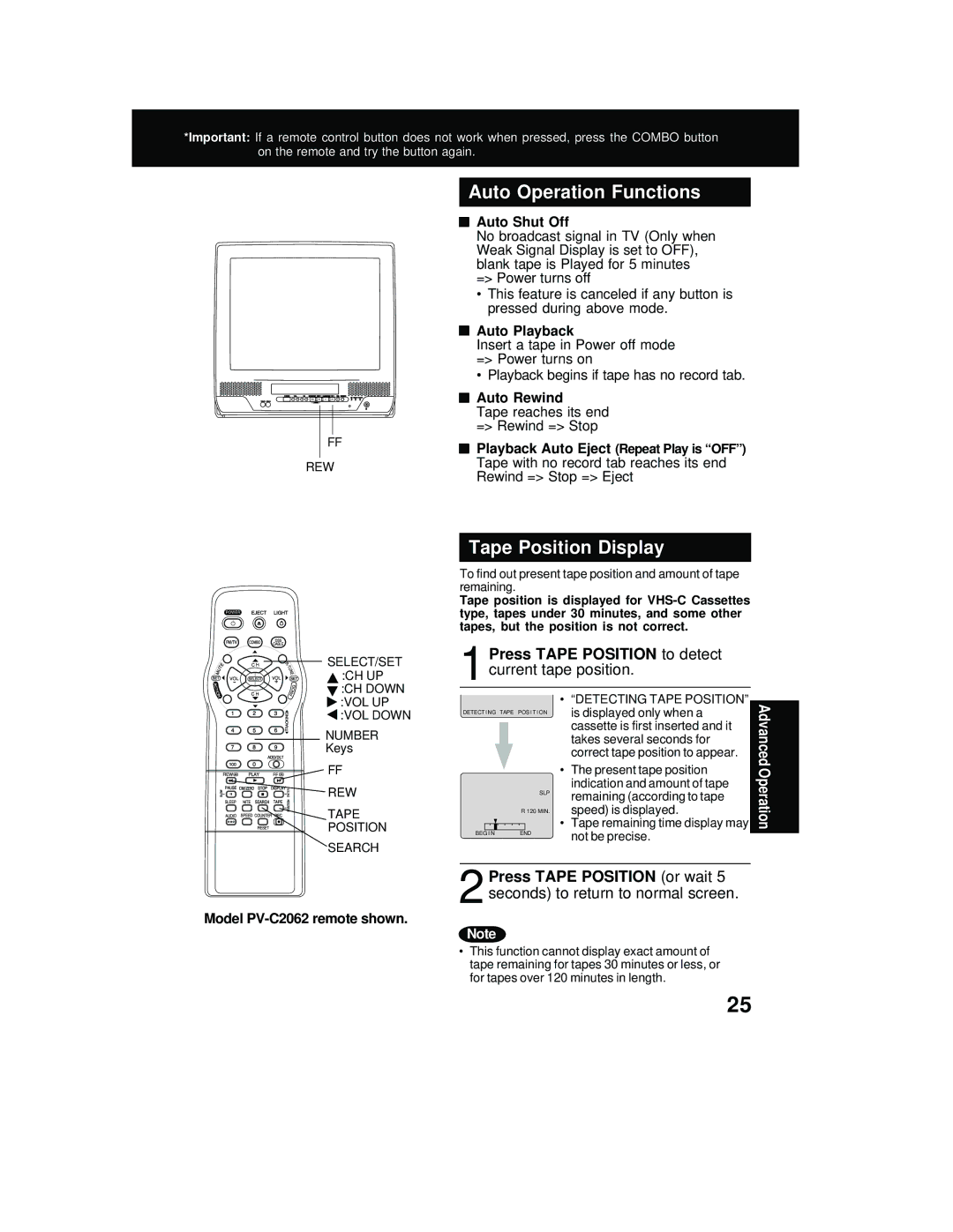 Panasonic PV C2062 Auto Operation Functions, Tape Position Display, 1Press Tape Position to detect current tape position 