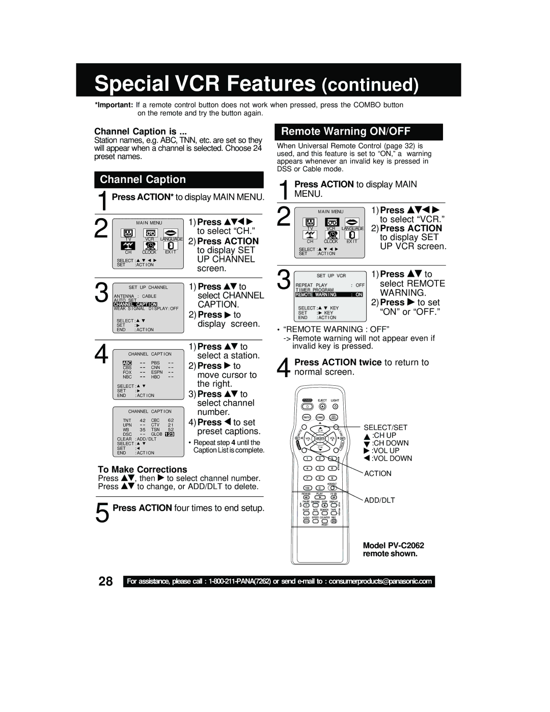 Panasonic PV C2542, PV C2062 operating instructions Remote Warning ON/OFF, Channel Caption 