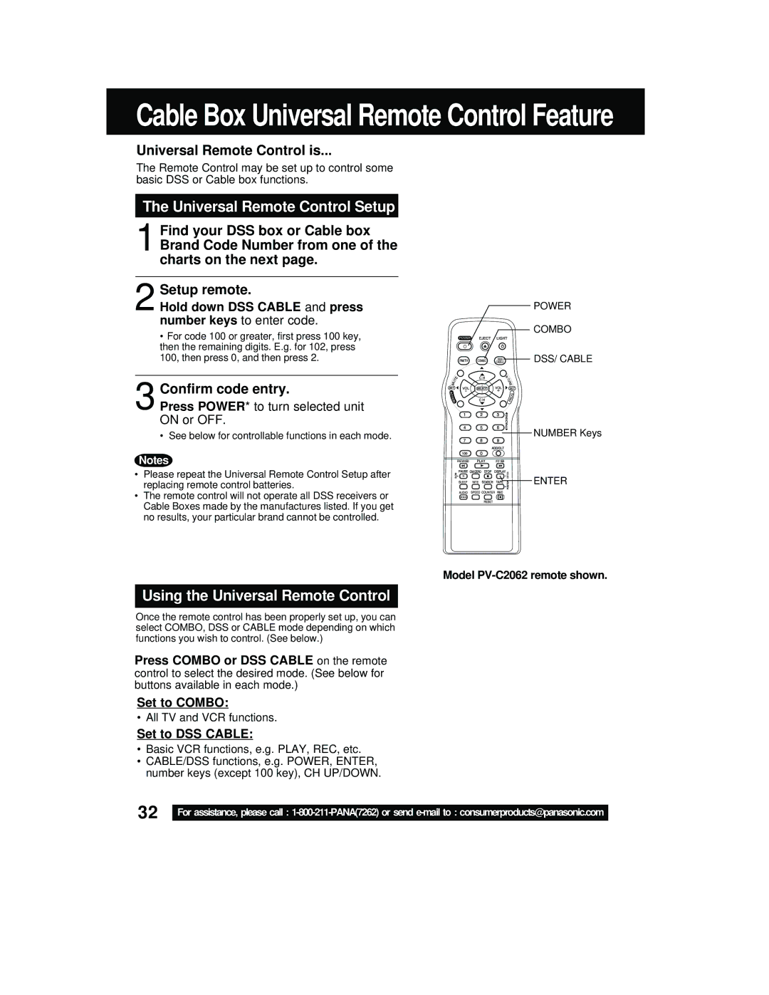 Panasonic PV C2542 Universal Remote Control Setup, Using the Universal Remote Control, Universal Remote Control is 