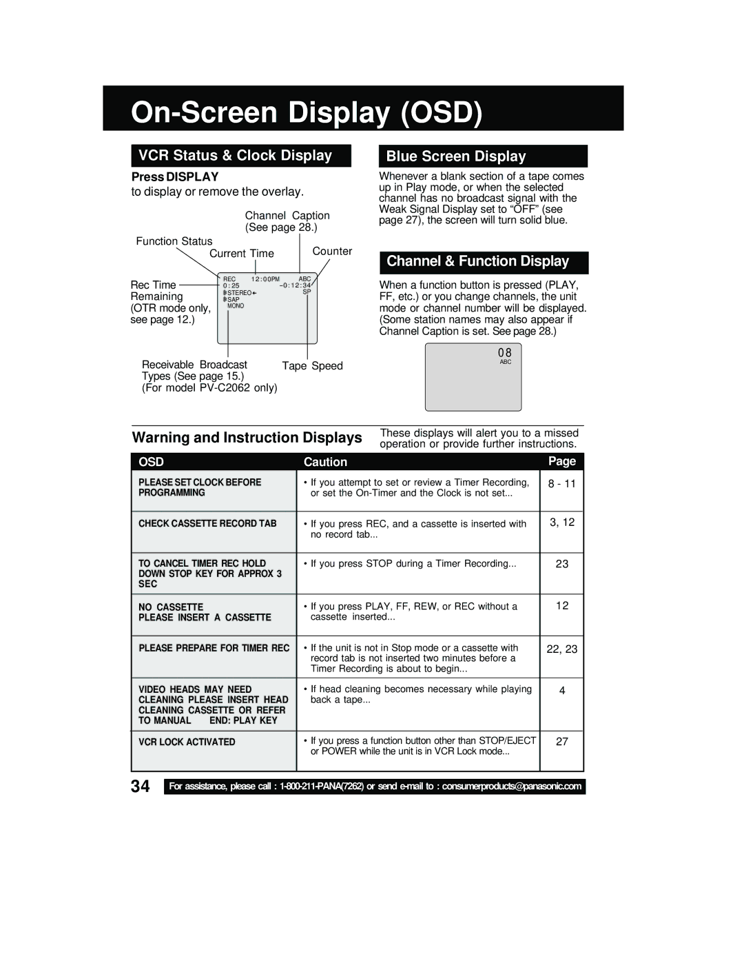 Panasonic PV C2542 On-Screen Display OSD, VCR Status & Clock Display, Blue Screen Display, Channel & Function Display 