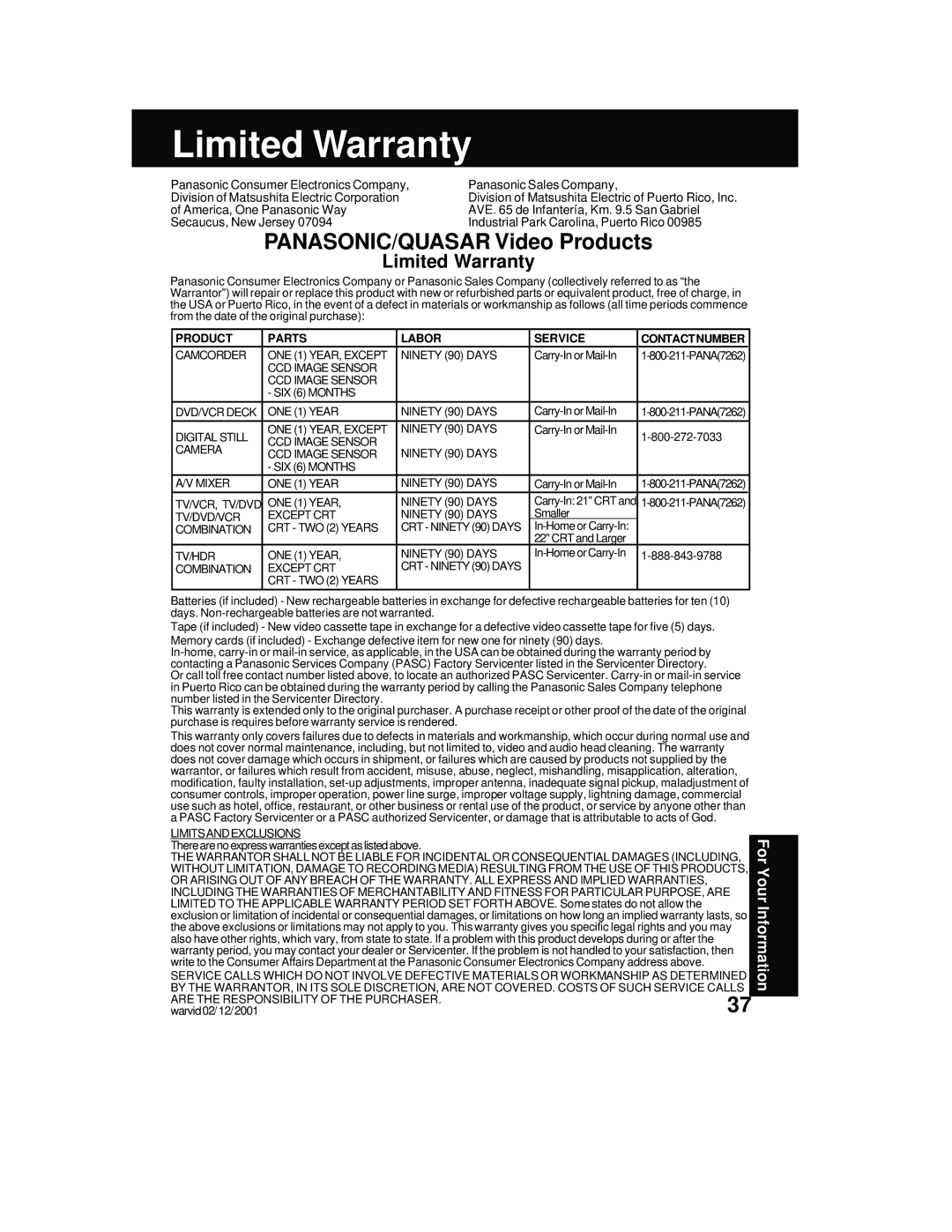 Panasonic PV C2062, PV C2542 operating instructions Limited Warranty 