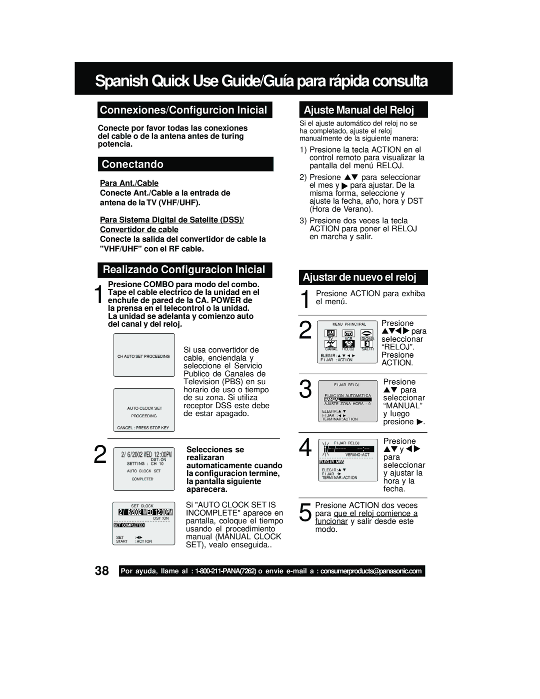 Panasonic PV C2542 Connexiones/Configurcion Inicial, Conectando, Ajuste Manual del Reloj, Realizando Configuracion Inicial 