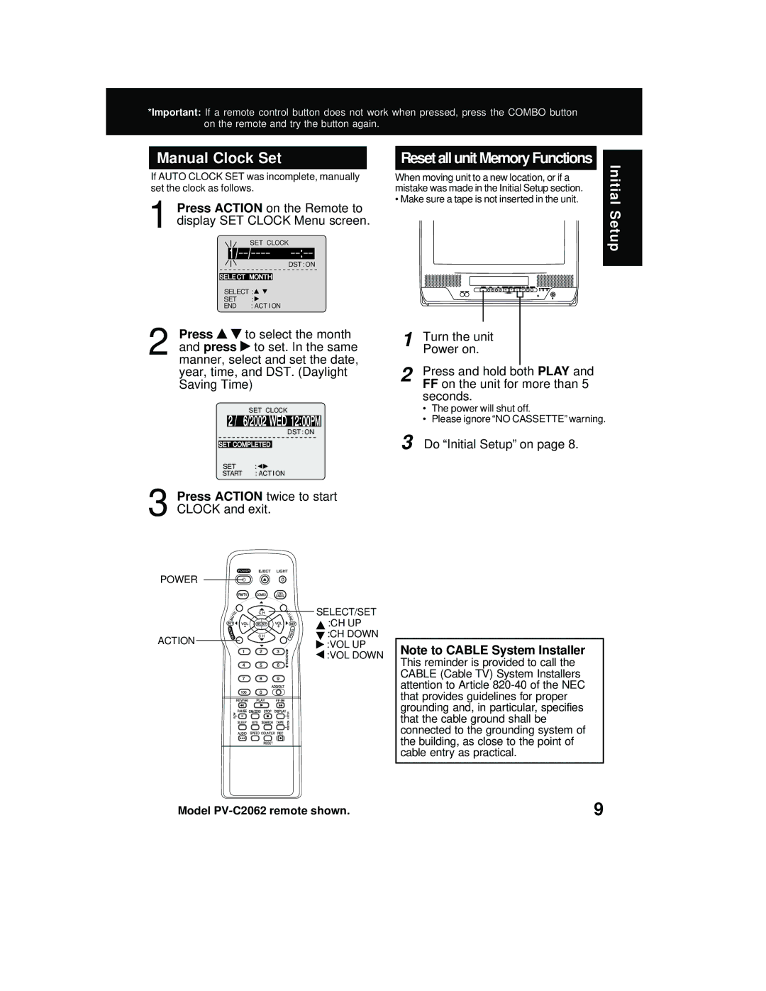 Panasonic PV C2062 Manual Clock Set, Reset all unit Memory Functions, Press and hold both Play, Do Initial Setup on 