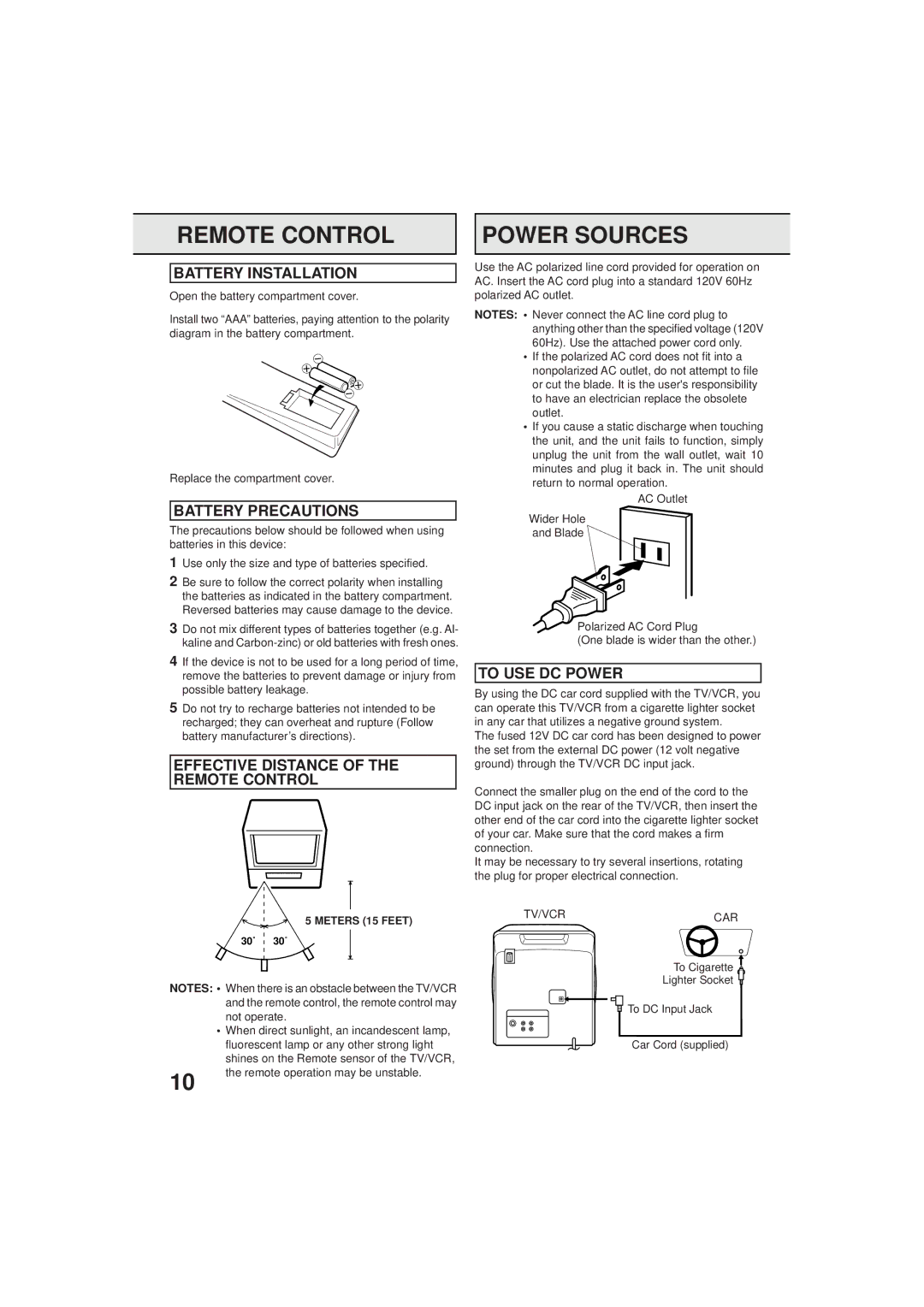 Panasonic PV C923 Remote Control Power Sources, Battery Installation, Battery Precautions, To USE DC Power 