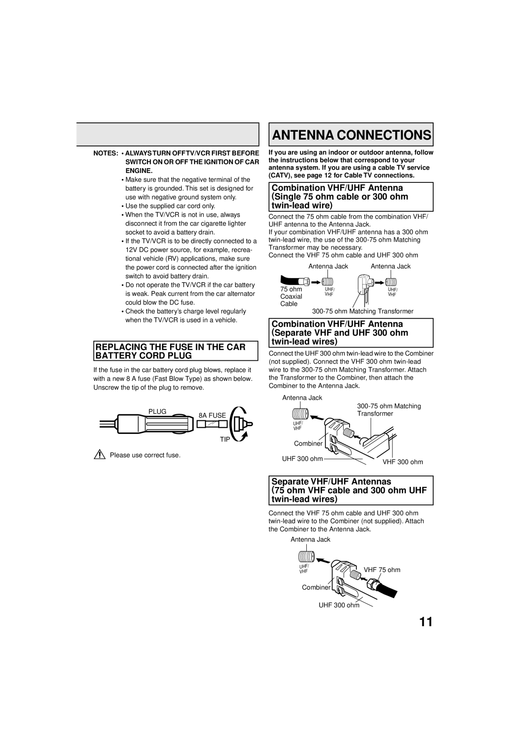 Panasonic PV C923 Antenna Connections, Replacing the Fuse in the CAR Battery Cord Plug, Plug 8A Fuse TIP 