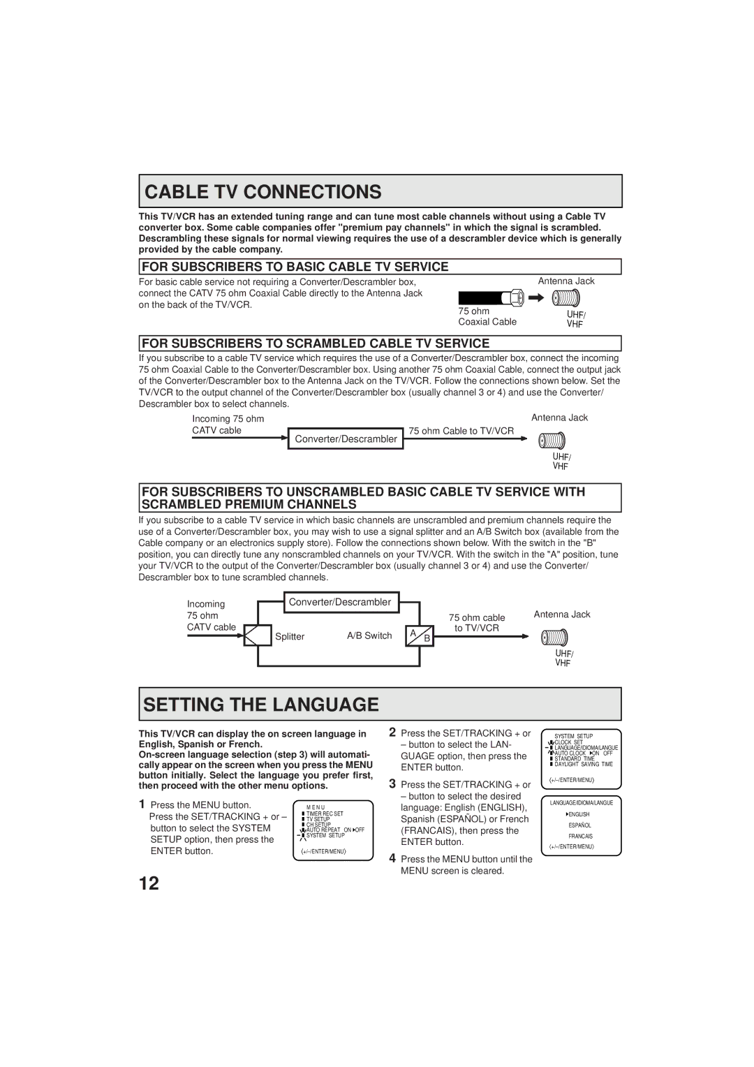 Panasonic PV C923 Cable TV Connections, Setting the Language, For Subscribers to Basic Cable TV Service 