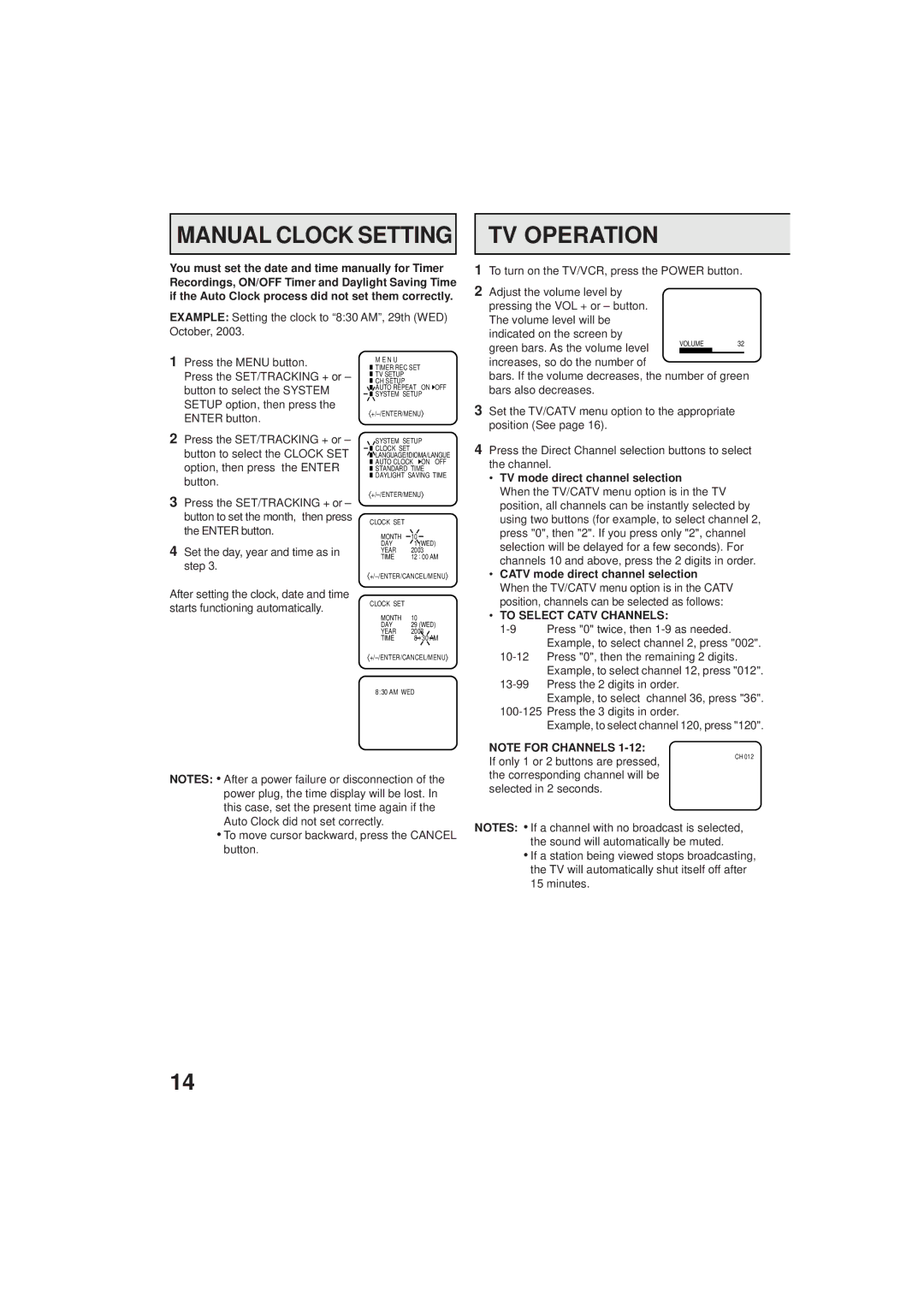 Panasonic PV C923 Manual Clock Setting, TV mode direct channel selection, Catv mode direct channel selection 