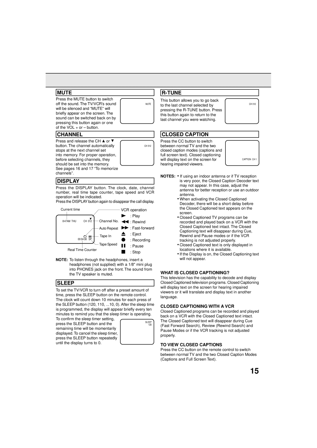 Panasonic PV C923 operating instructions Mute, Channel, Display, Sleep, Tune, Closed Caption 