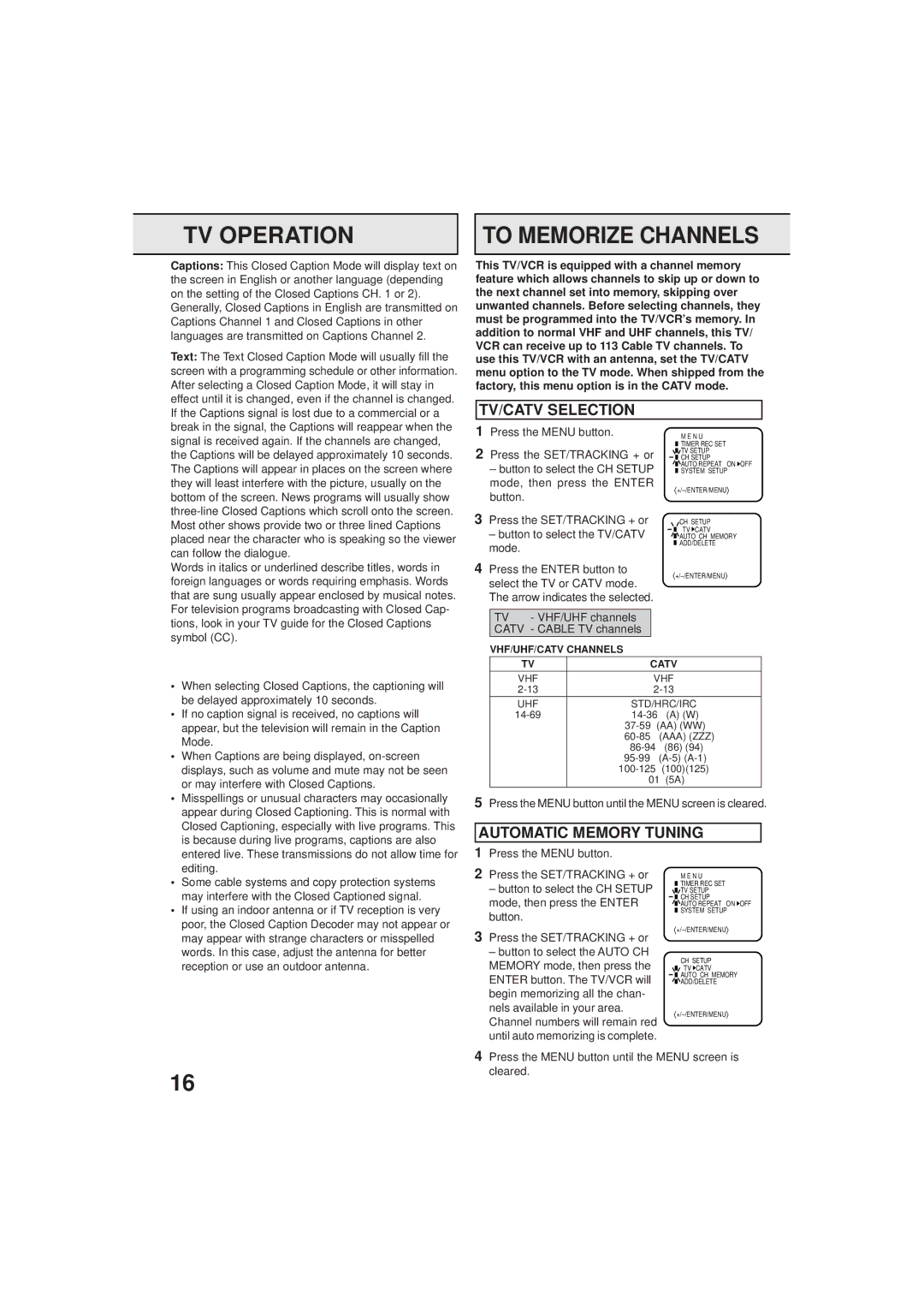 Panasonic PV C923 TV Operation To Memorize Channels, TV/CATV Selection, Automatic Memory Tuning, Catv 