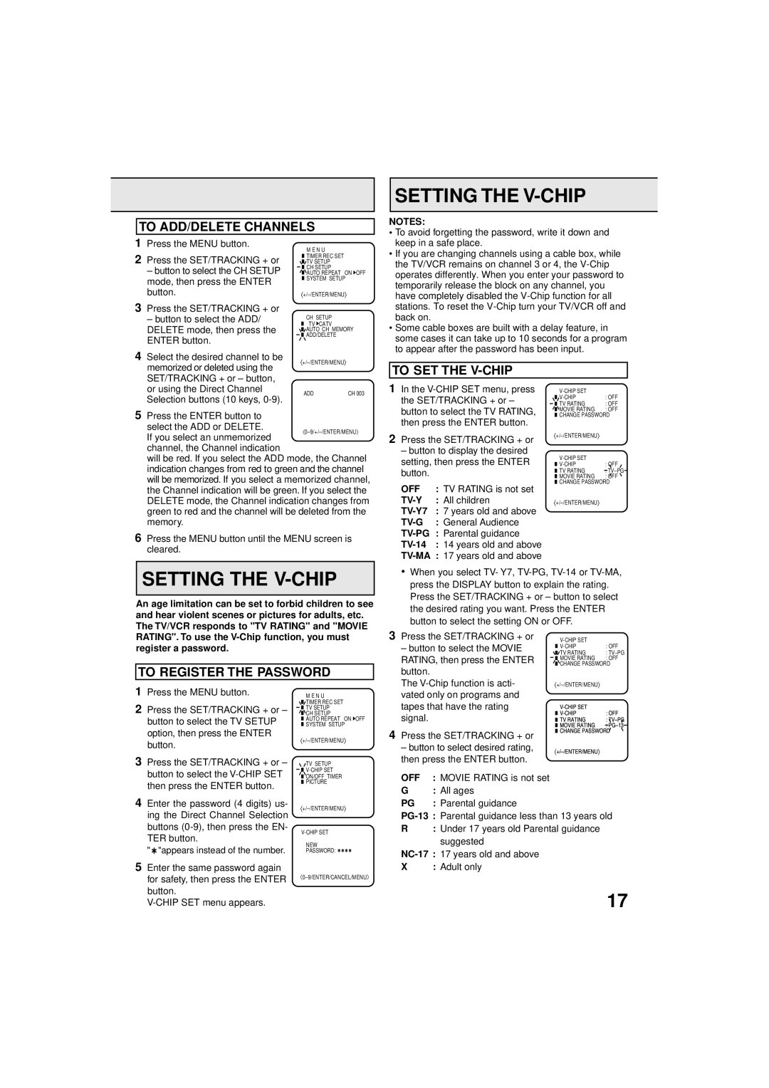 Panasonic PV C923 Setting the V-CHIP, To ADD/DELETE Channels, To SET the V-CHIP, To Register the Password 