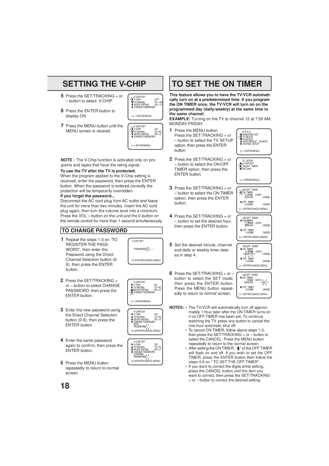 Panasonic PV C923 operating instructions To SET the on Timer, To Change Password 