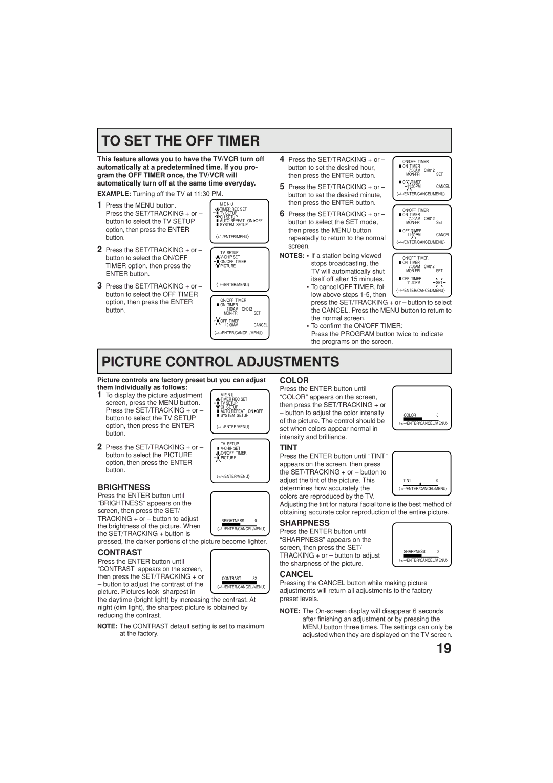 Panasonic PV C923 operating instructions To SET the OFF Timer, Picture Control Adjustments 