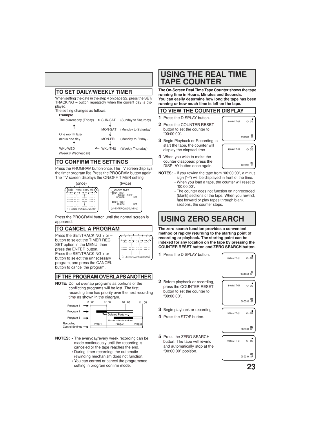 Panasonic PV C923 operating instructions Using the Real Time Tape Counter, Using Zero Search 