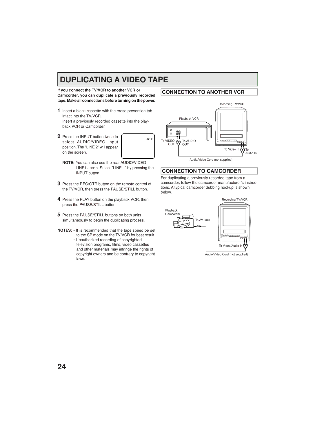 Panasonic PV C923 operating instructions Duplicating a Video Tape, Connection to Another VCR, Connection to Camcorder 