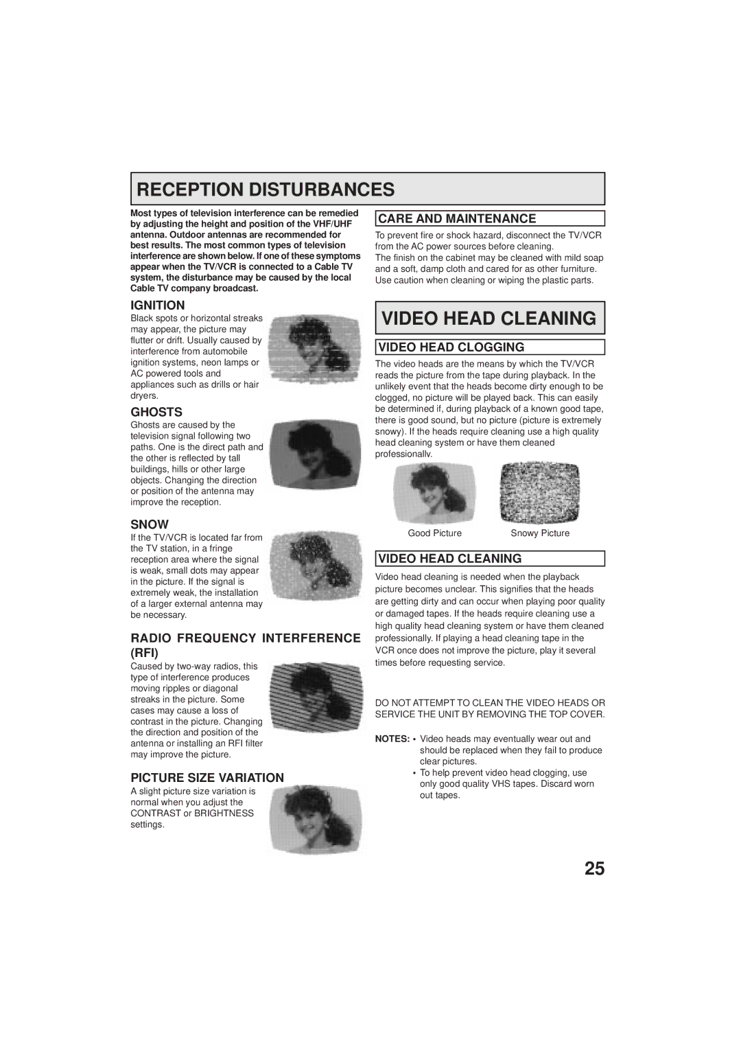 Panasonic PV C923 operating instructions Reception Disturbances, Video Head Cleaning 