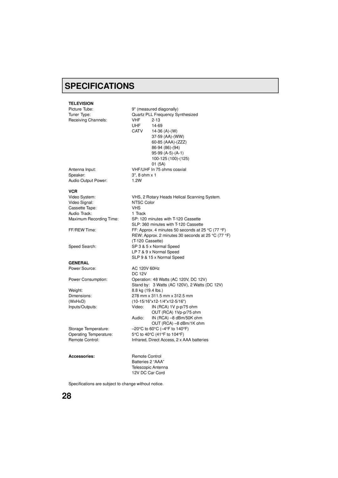 Panasonic PV C923 operating instructions Specifications, Television, Vcr, General, Accessories 