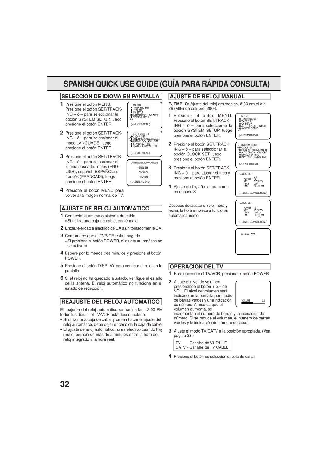 Panasonic PV C923 Seleccion DE Idioma EN Pantalla Ajuste DE Reloj Manual, Ajuste DE Reloj Automatico, Operacion DEL TV 