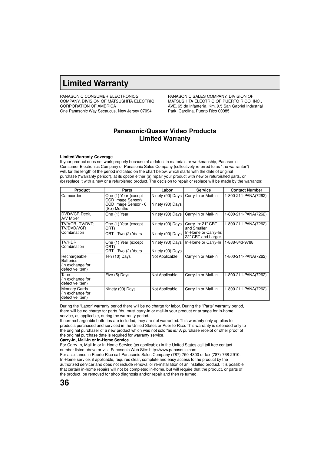 Panasonic PV C923 operating instructions Limited Warranty Coverage, Product Parts Labor Service Contact Number 