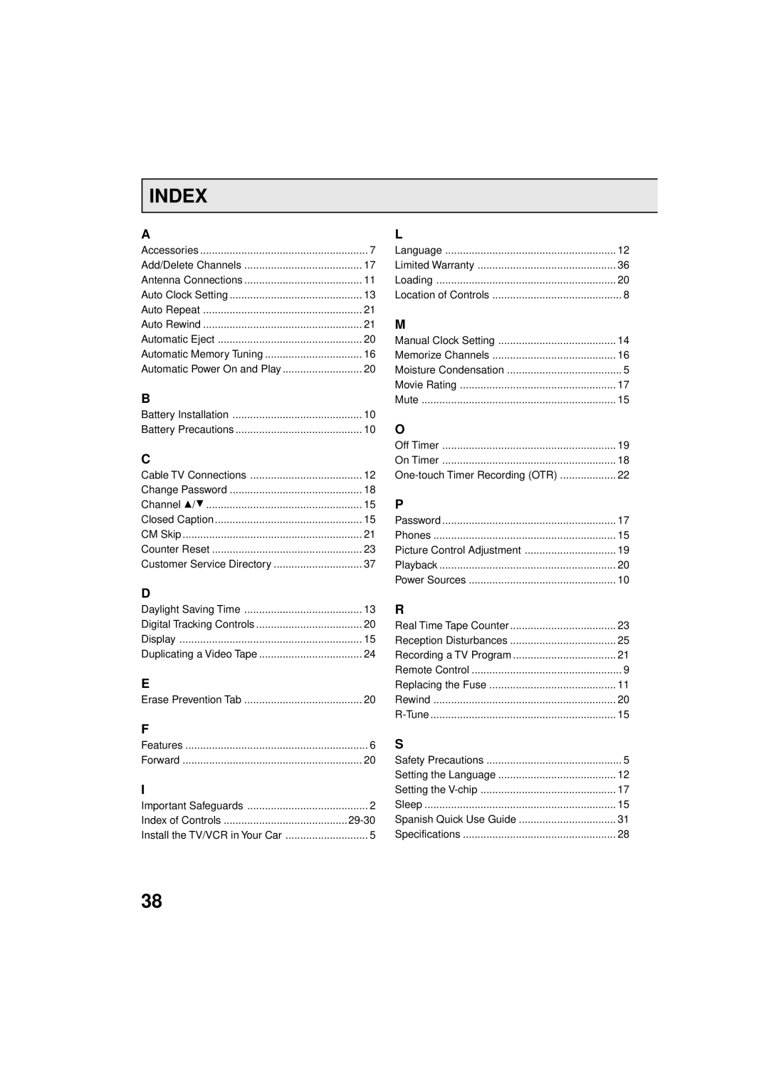 Panasonic PV C923 operating instructions Index, Location of Controls, Safety Precautions 