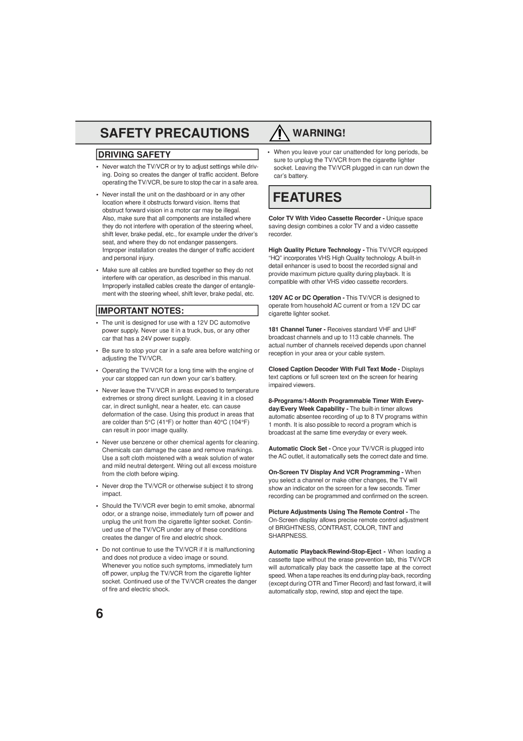 Panasonic PV C923 operating instructions Features, Driving Safety, Important Notes 