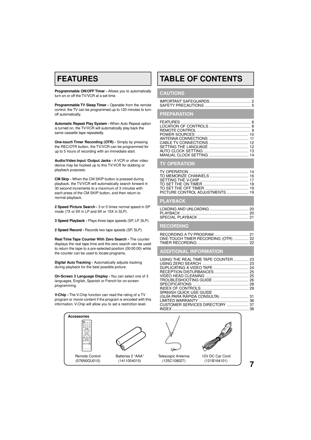 Panasonic PV C923 operating instructions Table of Contents 