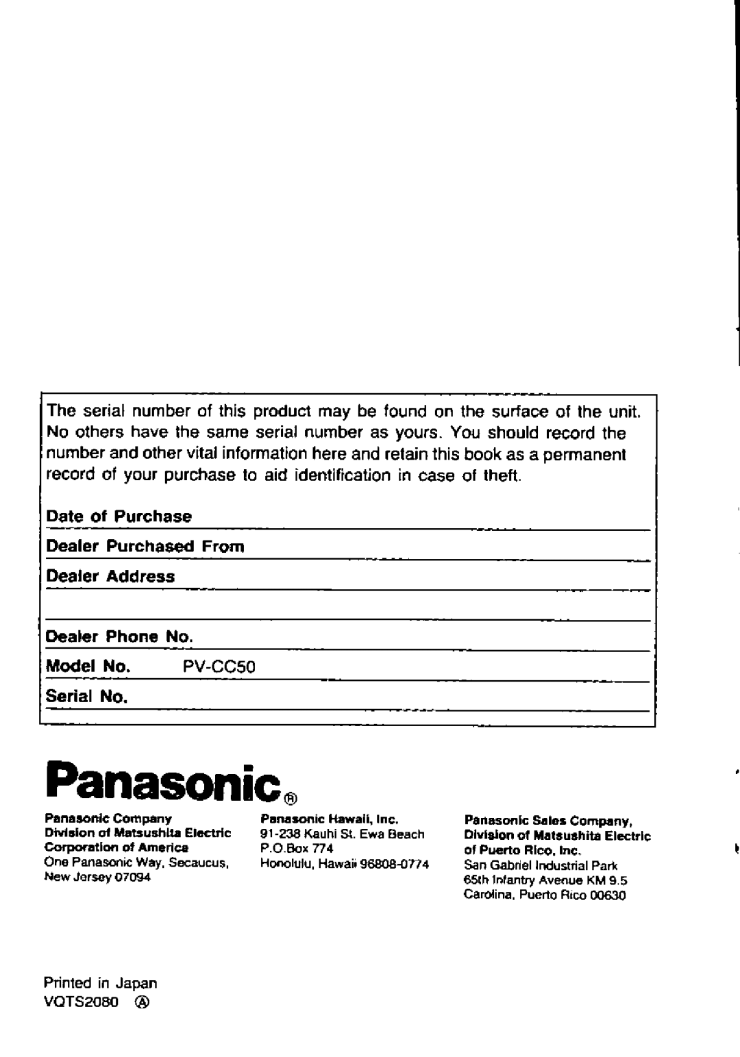 Panasonic PV-CC50 manual 