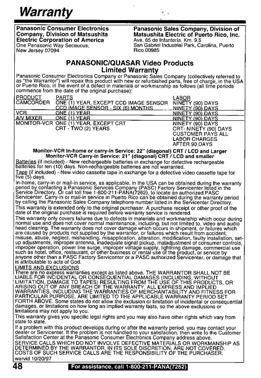 Panasonic PV-D29 manual 