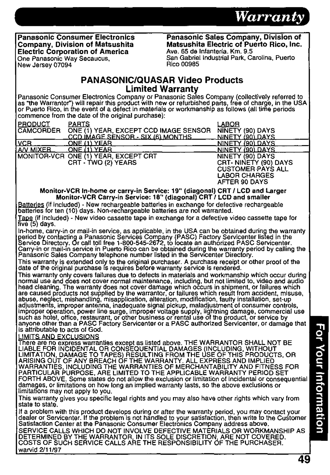 Panasonic PV-D427 manual 