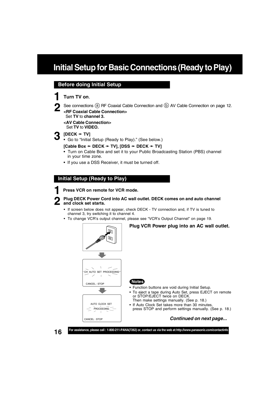 Panasonic PV-D4734S Before doing Initial Setup, Initial Setup Ready to Play, Turn TV on, Cable Box Deck TV, DSS Deck TV 